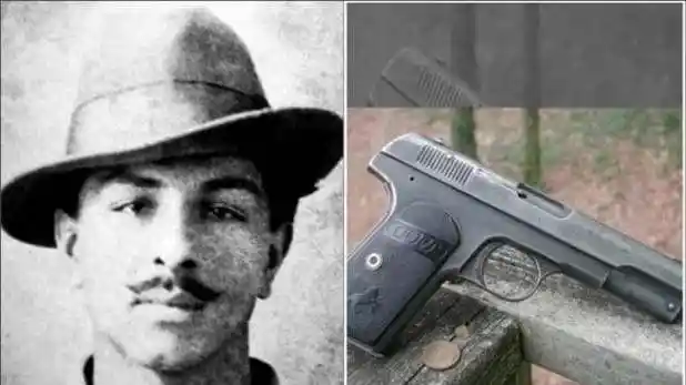 “An image of the revolutionary Bhagat Singh, along with his gun that killed Saunders” Source: aajtak.intoday.in