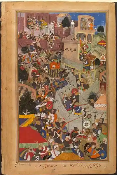 The siege of Chittor as portrayed in a Mughal miniature painting; Source: Public Domain