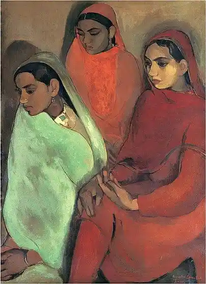 Through the use of sombre tones, Amrita Shergill was able to depict the sadness and poverty in the lives of Indian Women.  (Three Girls). Image source: Wikimedia Commons 
