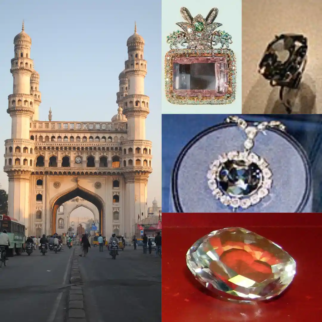 Collage created in Canva: Charminar of Hyderabad and the famous Golconda Diamonds from top to bottom — Daria-i-Noor, Wittelsbach-Graff Diamond, Hope diamond and Koh-i-Noor; Source: Wikimedia