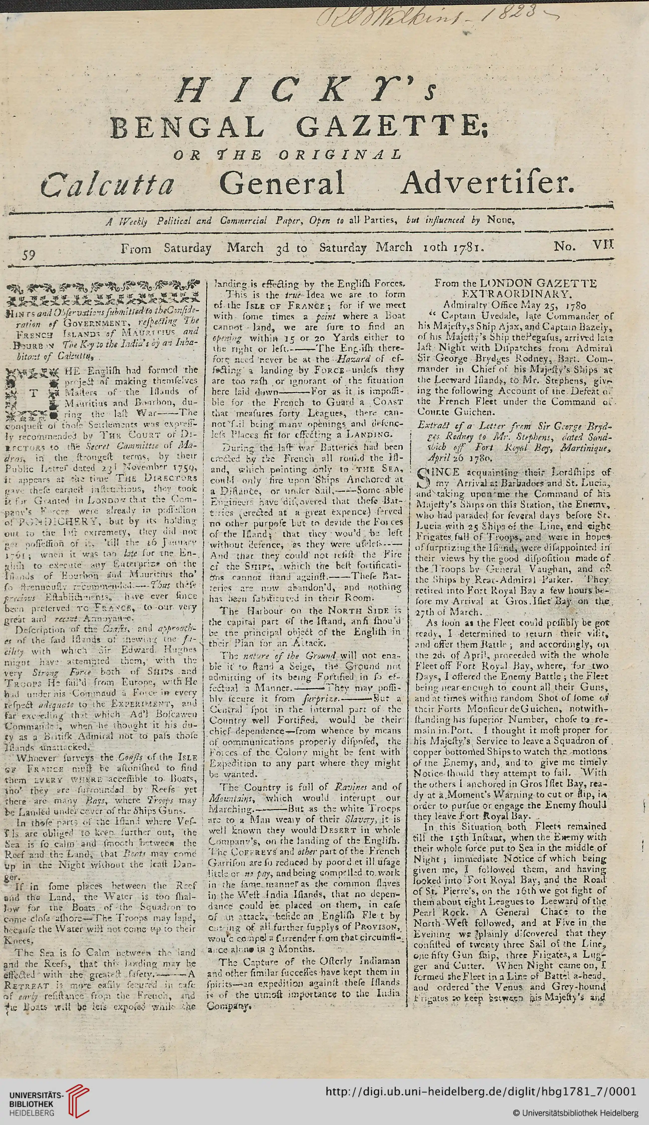 Copy of the First Page of Hicky's Bengal Gazette (Dated - 10 March 1781); Source: Wikipedia; Public Domain