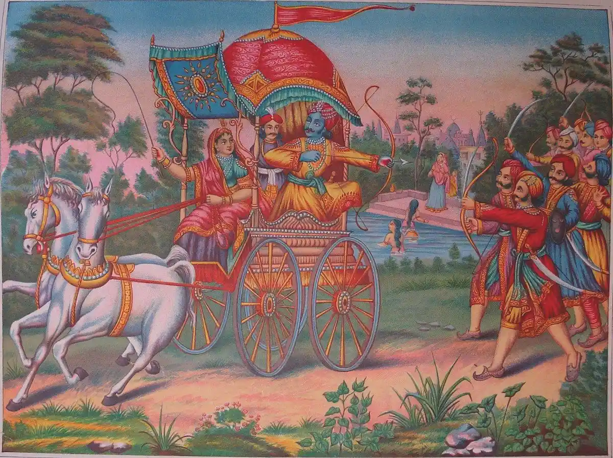 When Subhadra eloped with Arjuna with Krishna as their charioteer; Image Source: Wikimedia Commons