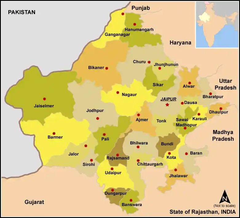 A map showing the state of Rajasthan along with its cities and regions; Source: Wikipedia