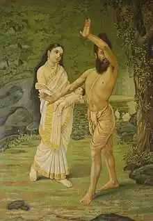 Menaka and Vishwamitra with daughter Shakuntala Image Source: https://en.wikipedia.org/wiki/Menaka