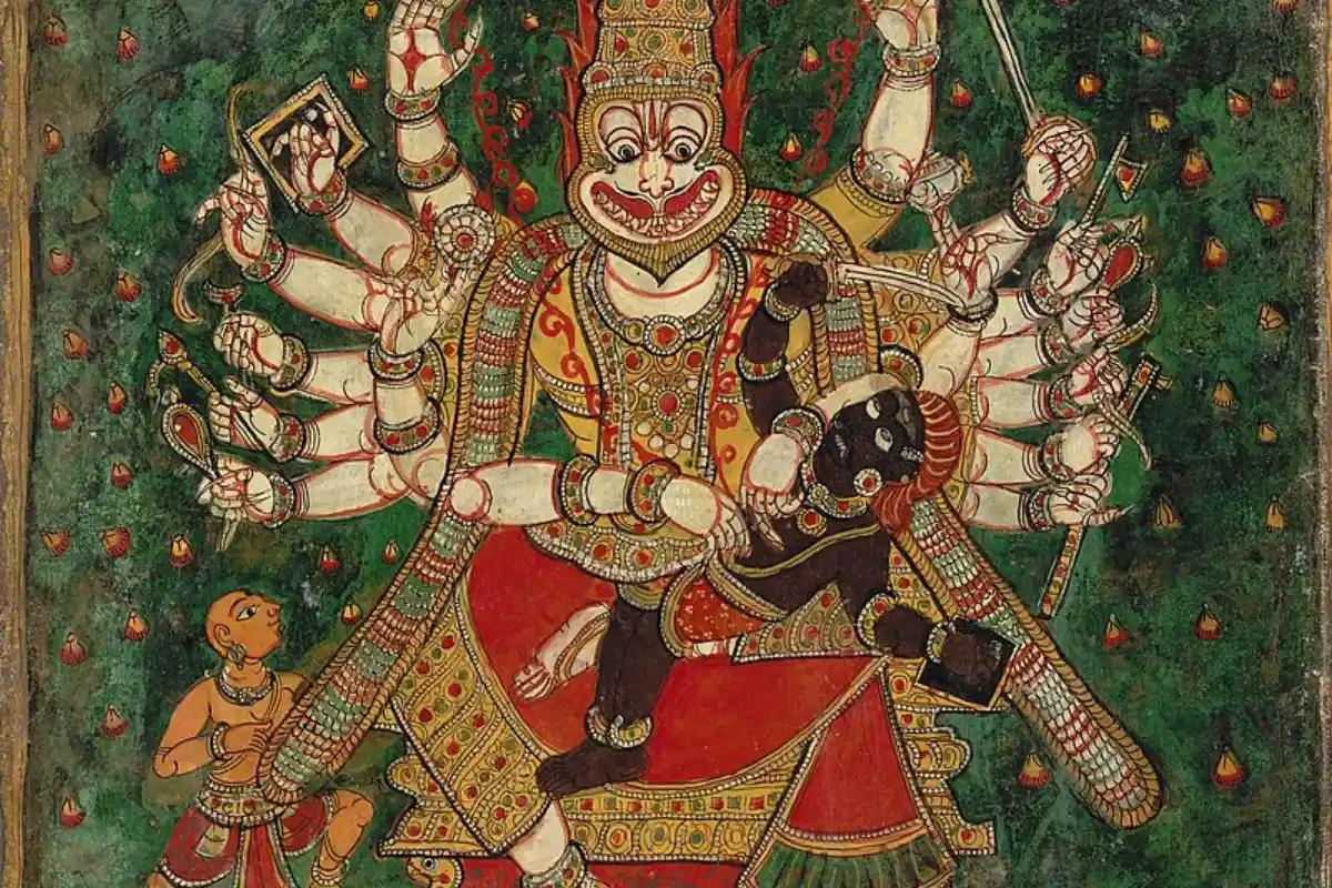 Narasimha slaying Hiranyakashipu while Prahlada tries to pacify the angry Lord; Image Source- Wikipedia 
