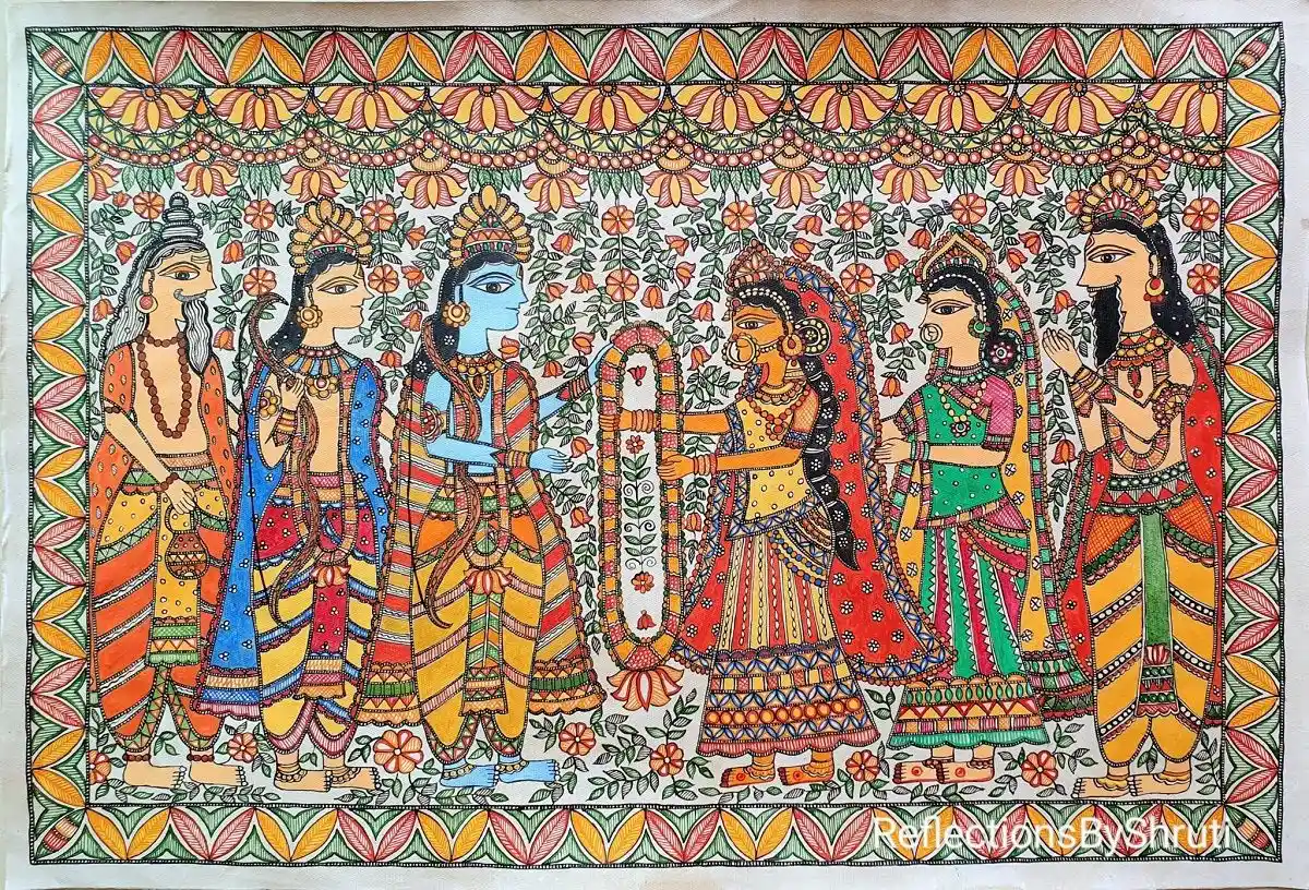 Ram Sita Vivah scene as depicted in Madhubani painting; Image Source: International India Folk Art Gallery