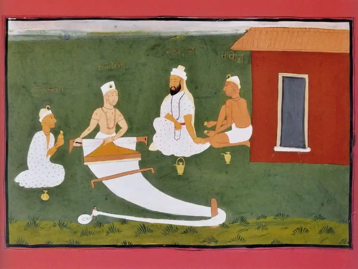 A painting of Sant Kabir and his disciples with their names painted on tip from the early 19th century.. Source: Wikipedia