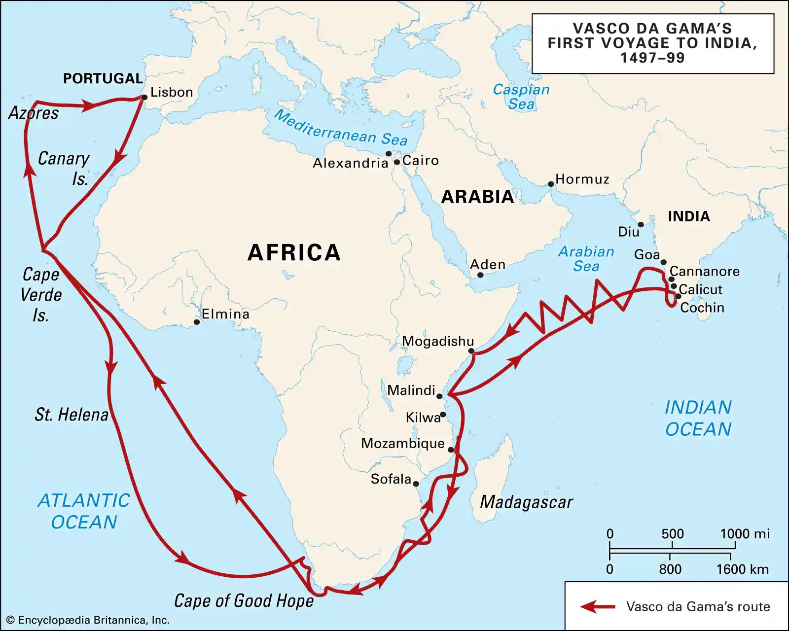 The sea route taken by Vasco Da Gama to reach India; Image source: Encyclopaedia Britannica.