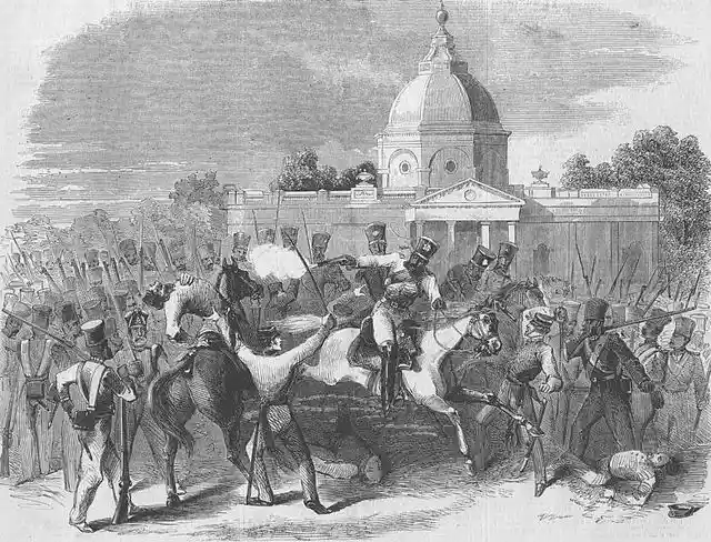 Massacre of officers by insurgent cavalry at Delhi. Image Source: Wikimedia Commons.