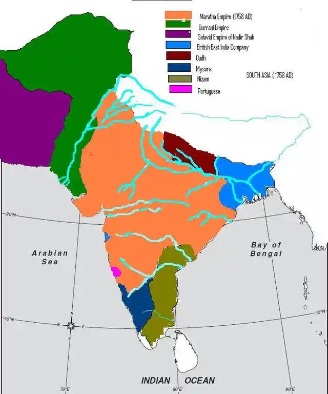 The orange area shows the huge Maratha expanse prior to the Third Battle of Panipat. The opponents were the Durrani Empire (in green) and the Awadh forces (in Maroon) Image source: Wikimedia Commons 