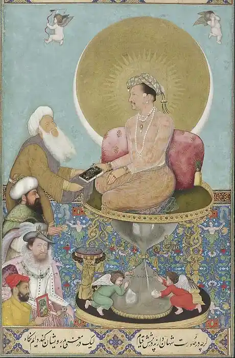 The Halo around Jahangir, seen in “Jahangir presenting books to the Sufi Sheikhs”. Source: Pinterest