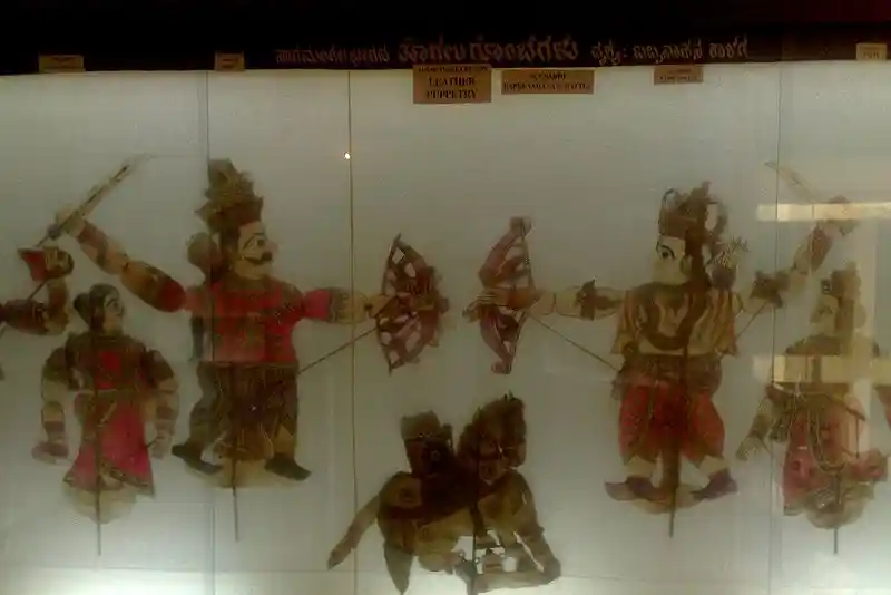 Arjuna, battling his son Babruvahana, a scene from Mahabharat reproduced in Shadow Puppetry