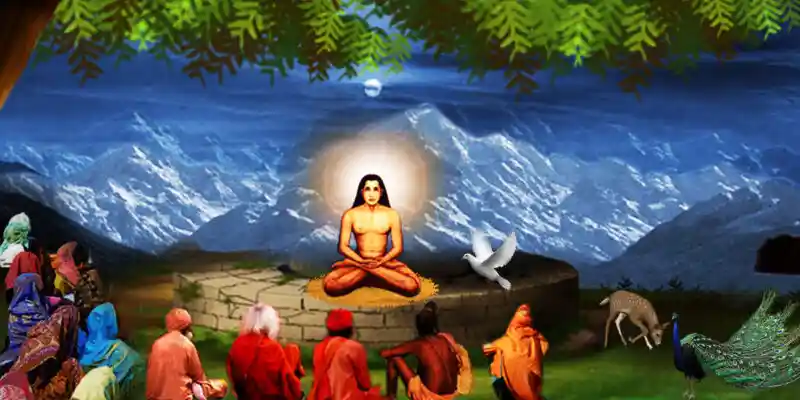 Mahatvar Babaji, founder of Kriya Yoga, in front a group. Source: learnkriyayoga.com