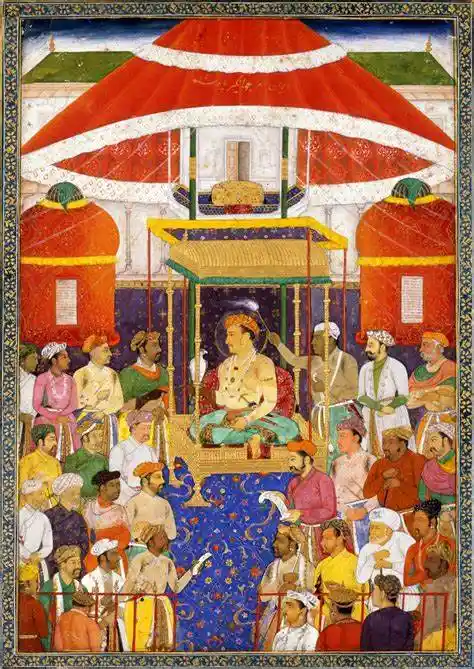 A scene portraying the darbar of Jahangir. The image is illustrated in a way that gives the maximum focus to the Emperor; Source: Pinterest