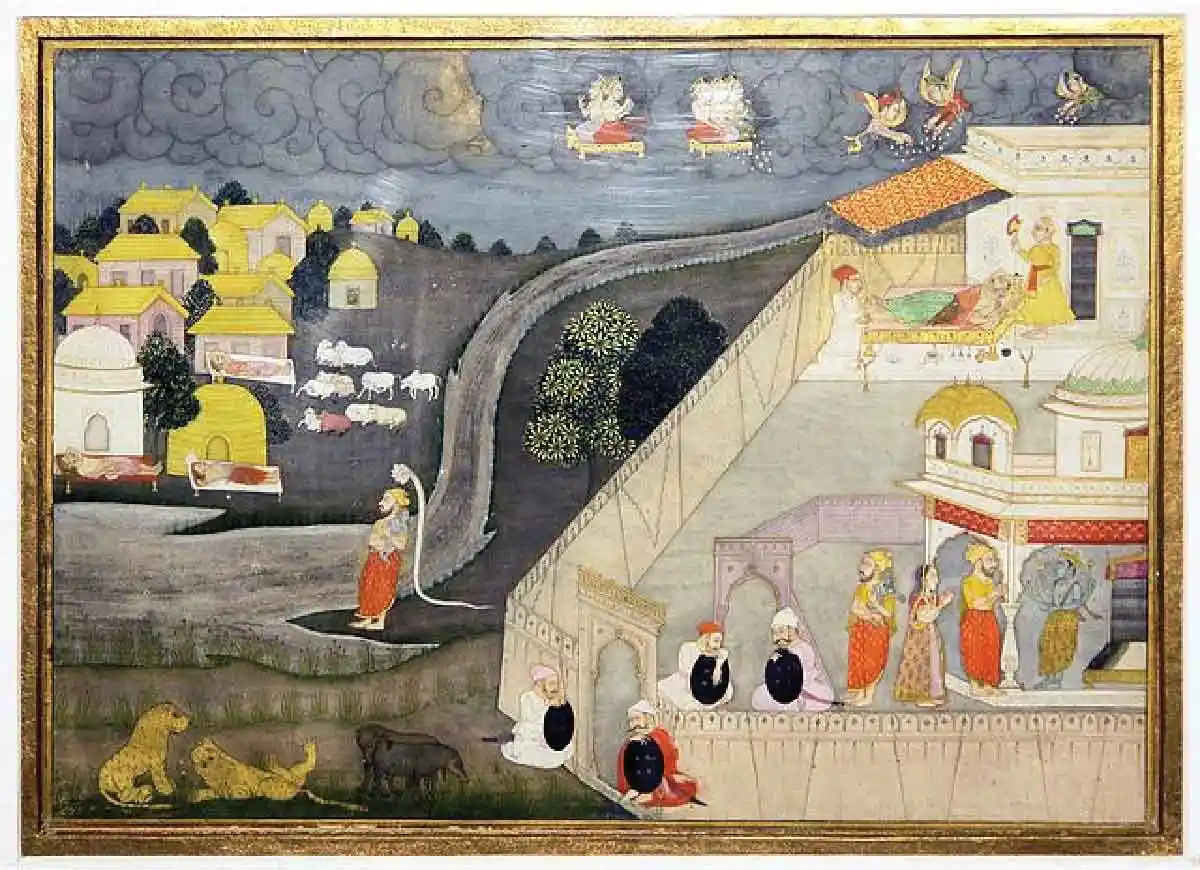 Vishnu revealing his divinity to Vasudeva and Devaki, based on Bhagavata Purana, Source: Wikimedia Commons