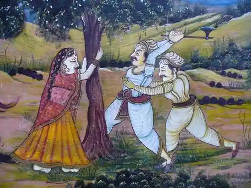 Amrita Devi embracing Khejri tree while the kingsmen attack; Image Source: Public Domain