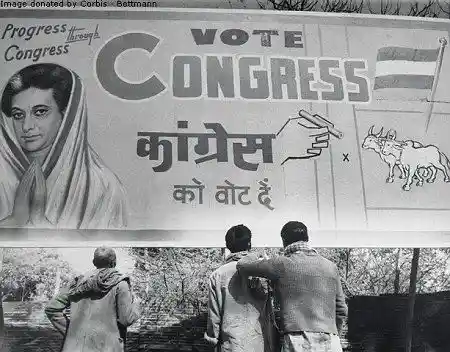Vote for Congress poster with the older symbol; Source: Public Domain