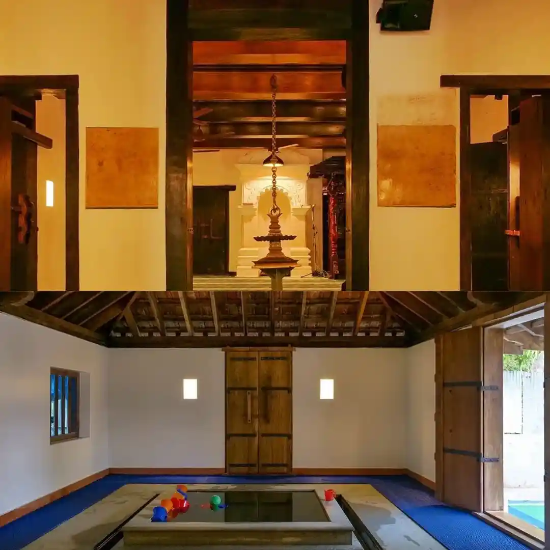 The Kerala-style hanging lamp in the renovated masjid and the retained original pond.   Source: Benny Kuriakos & Associates
