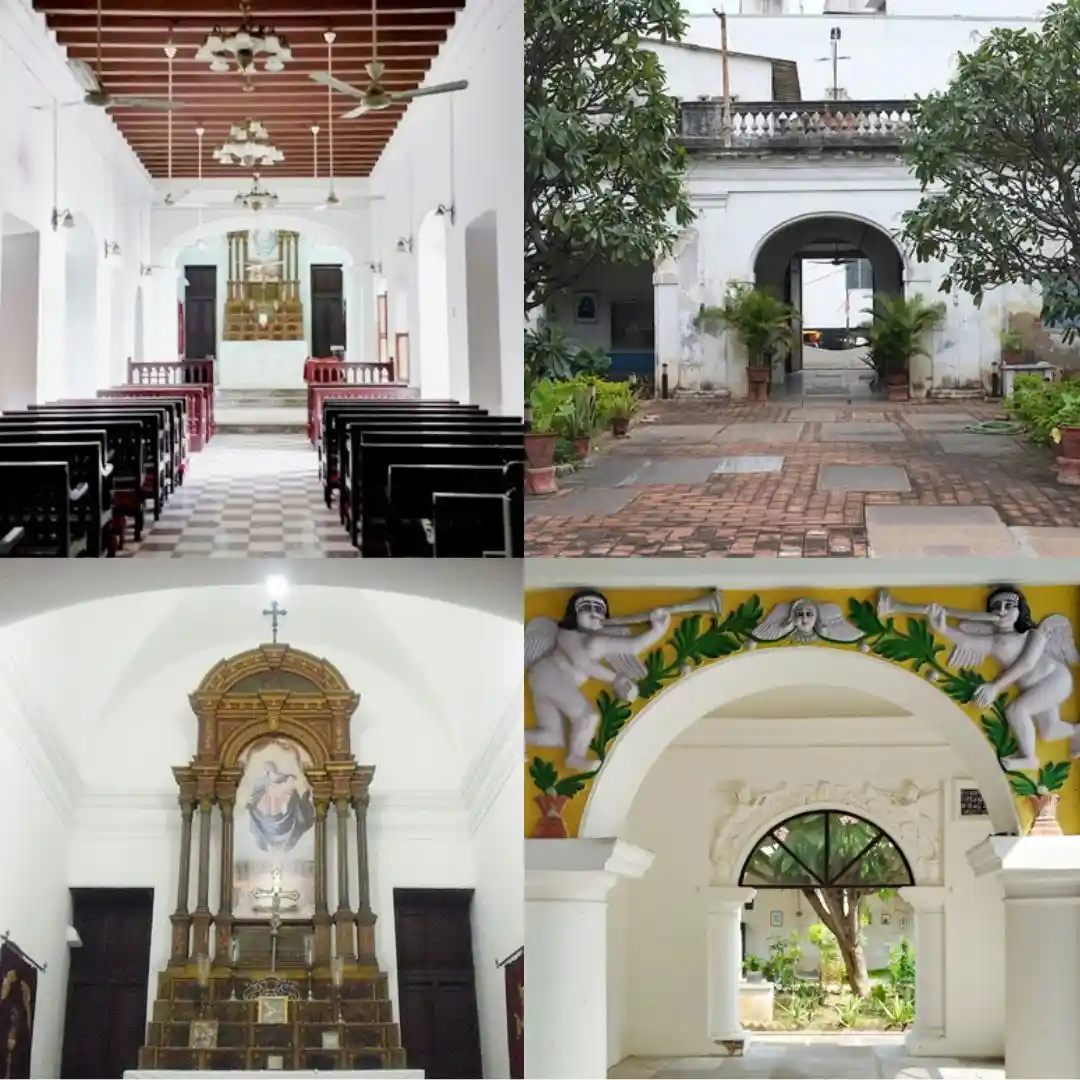 Collage created in Canva: Clockwise from top-left—the prayer hall, the facade, the entrance with cloisters, the altar.     Source: Chennai Tourism